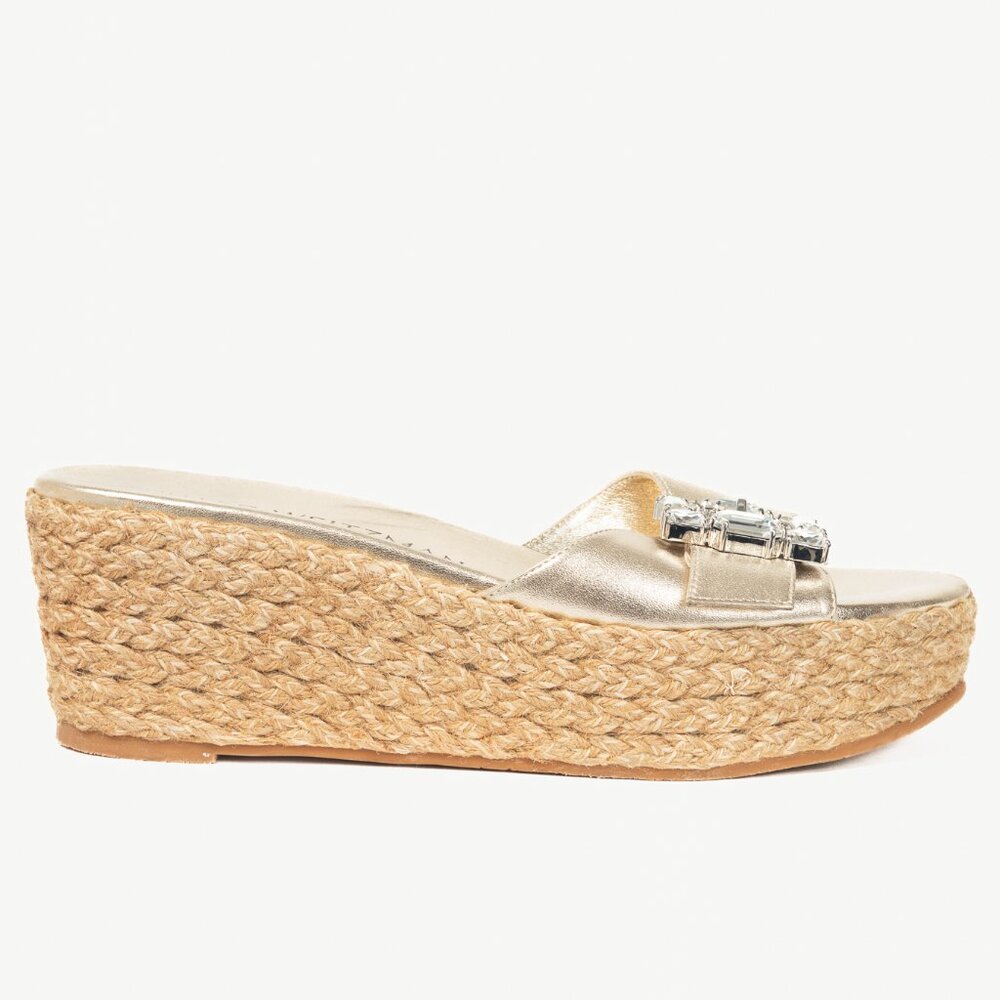 Stuart Weitzman SS23 June 75 Platino Crystal-Buckle Wedge Slide Sandal